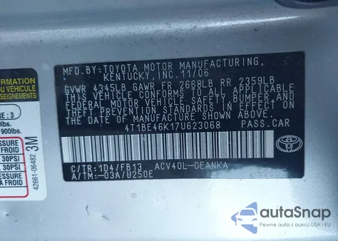 2007 Toyota Camry Le из США, поврежденный, VIN 4T1BE46K17U623068